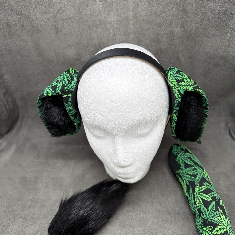 Cosplay Handmade Ears & Tail Green Marijuana Print - Picture 2 of 6